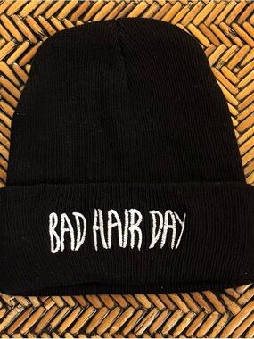 Black 'Bad Hair Day' Embroidered Beanie